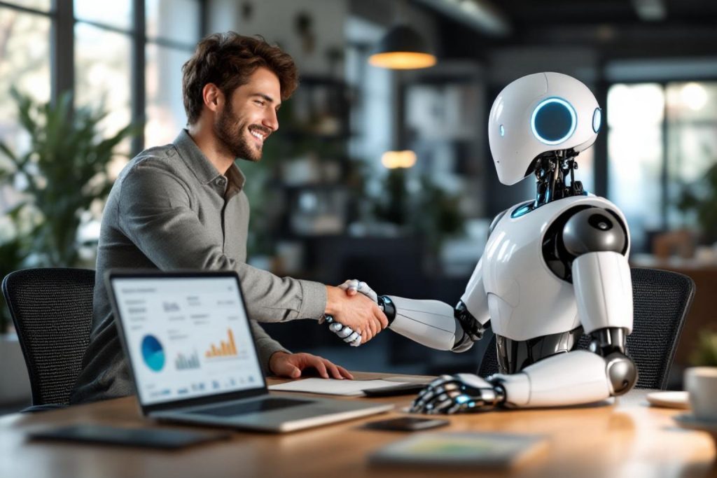 small business owner shaking hands with a friendly robot assistant over a laptop showing personalized ad performance charts and search engine marketing intelligence data dashboards in a modern but realistic office