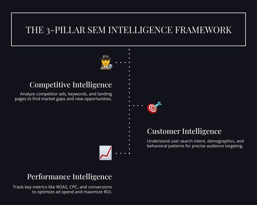 infographic showing the 3-Pillar Framework of SEM Intelligence: Pillar 1 - Competitive Intelligence (analyze competitor ads, keywords, and landing pages to find gaps and opportunities), Pillar 2 - Customer Intelligence (understand search intent, demographics, and behavior patterns to target the right audience), Pillar 3 - Performance Intelligence (track metrics like ROAS, CPC, and conversion rates to optimize every dollar spent) - search engine marketing intelligence infographic infographic-line-3-steps-dark