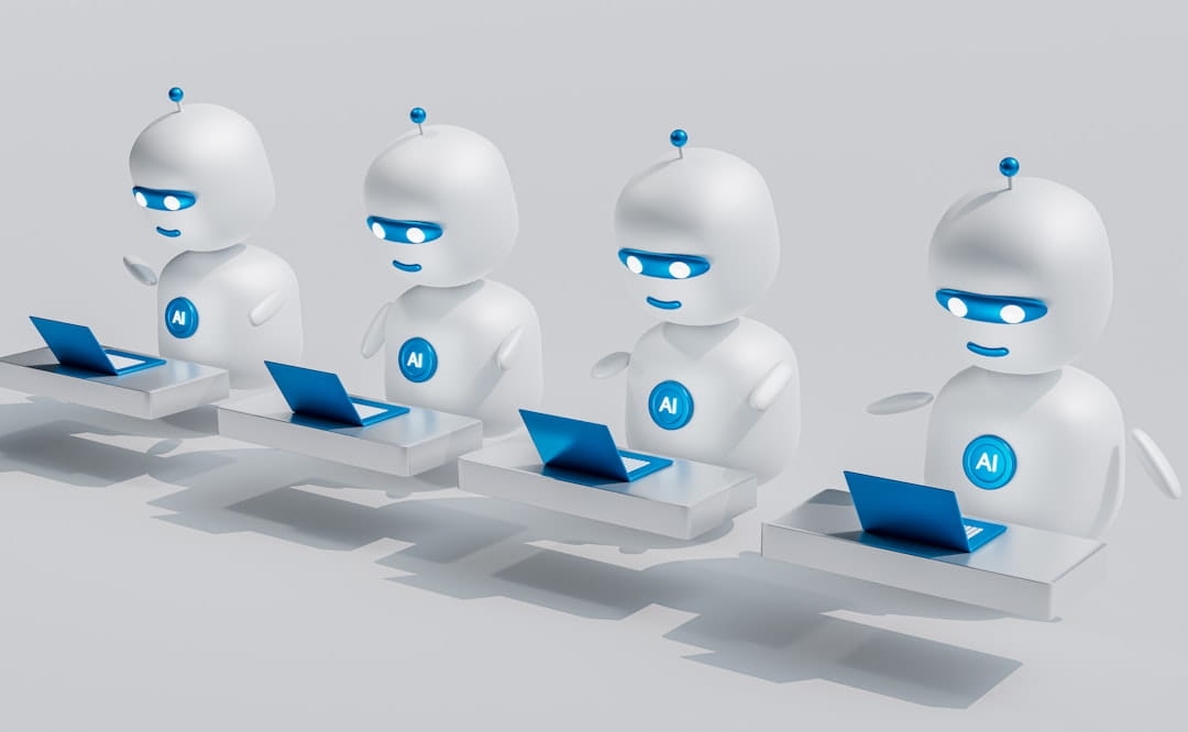 Four identical white 3D robots with "AI" chest badges work on blue laptops at floating desks in a diagonal row, illustrating AI chatbot development services.