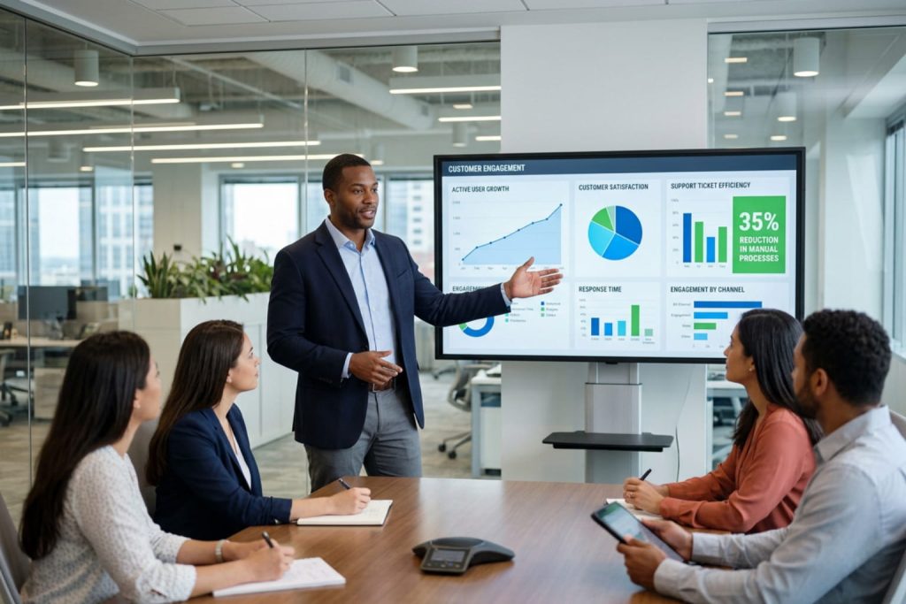 Business presenter points to a customer engagement dashboard with active user growth, satisfaction, and support ticket metrics, showing results from AI chatbot development services.