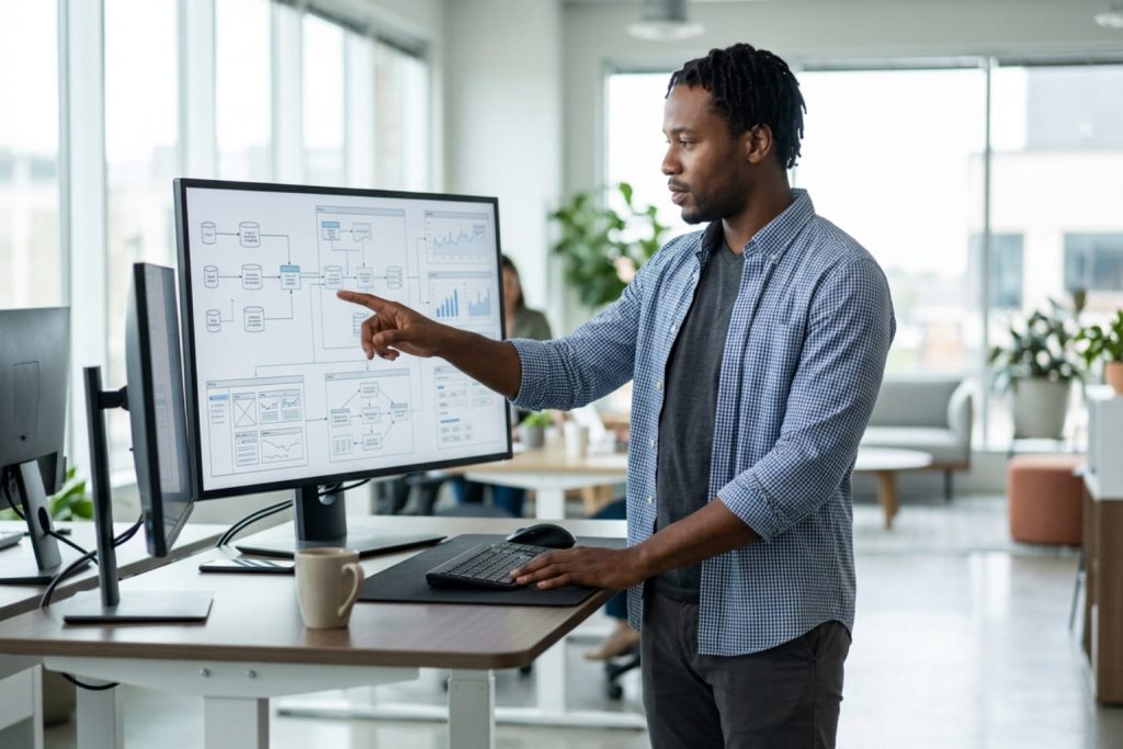 Software engineer at a standing desk points to a system architecture and UI dashboard on a widescreen monitor during AI chatbot development services.