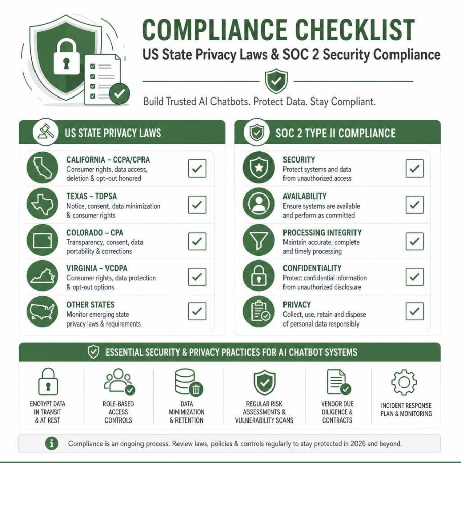 Compliance checklist infographic covering US state privacy laws and SOC 2 Type II standards for trusted AI chatbot development services.