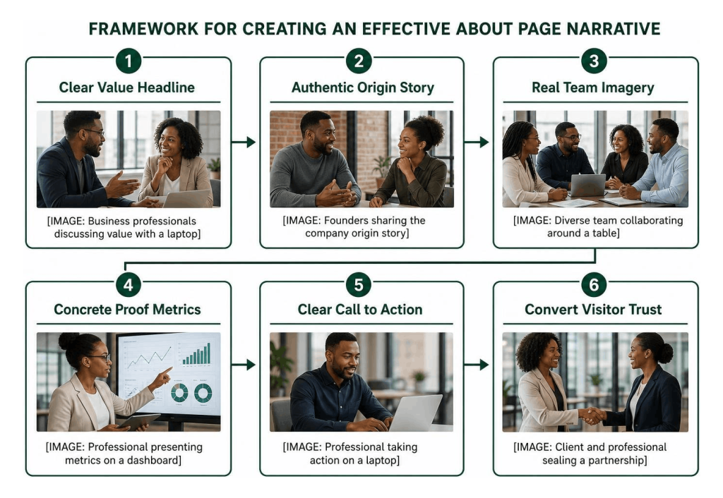 about us page example infographic outlining a six-step framework for a high-converting About page.