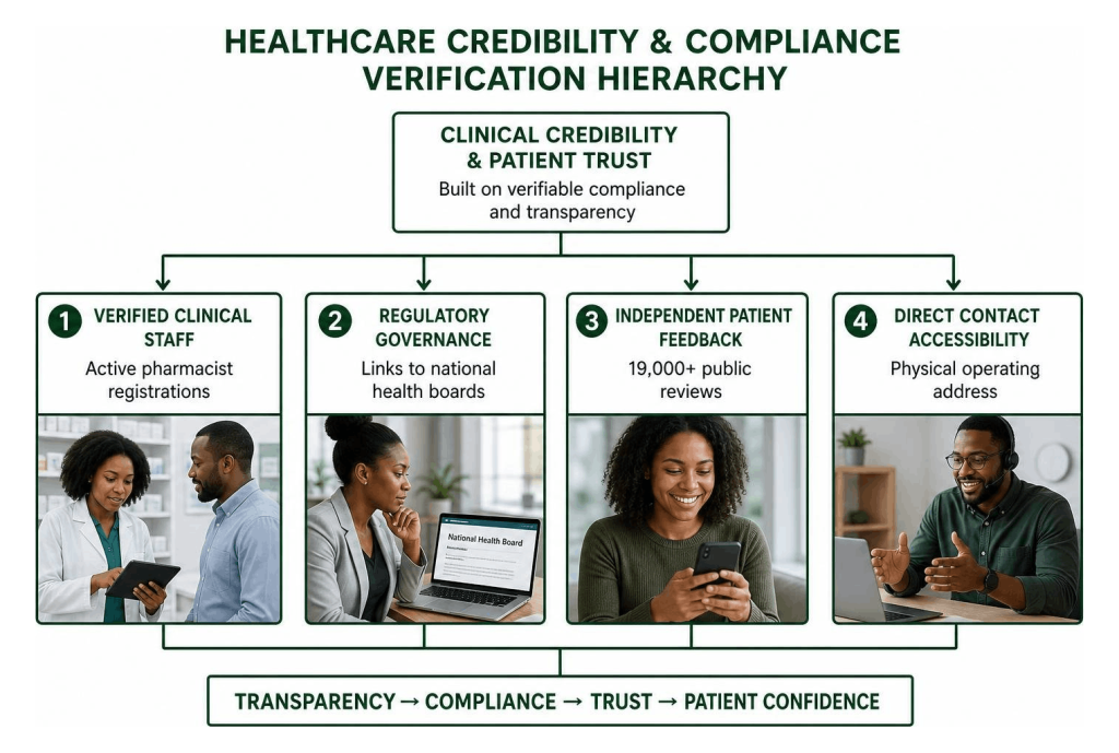 about us page example infographic showing healthcare trust signals, compliance, and patient credibility.