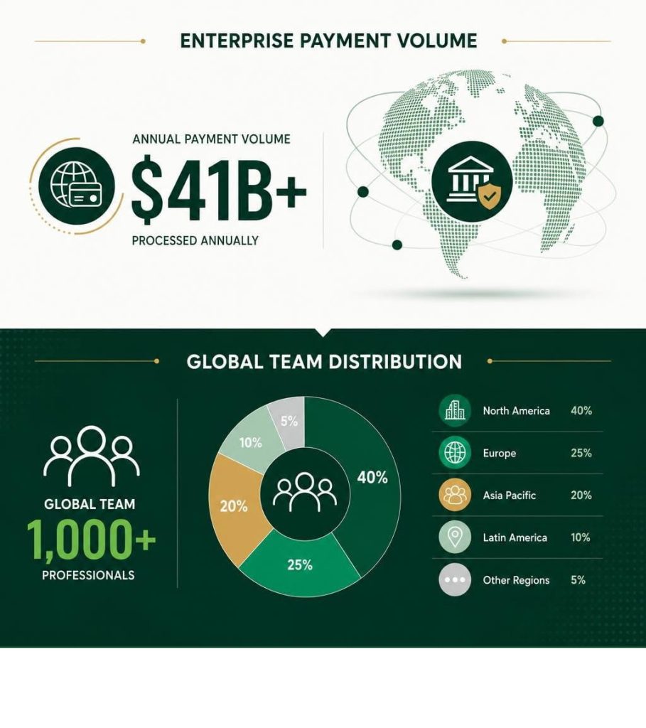about us page example infographic featuring enterprise payment volume and global team distribution.