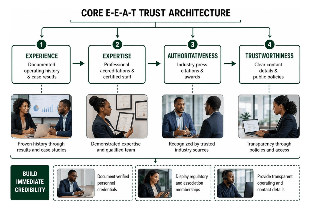 about us page example infographic explaining E-E-A-T trust architecture and credibility signals.