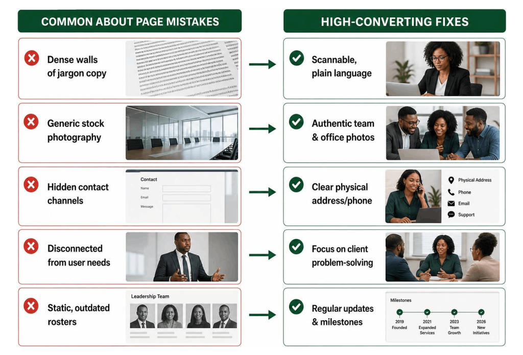about us page example comparing common About page mistakes with high-converting fixes.