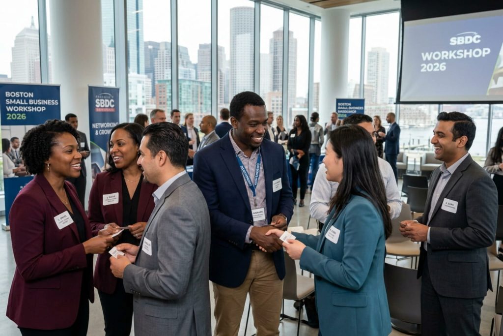 Networking session at Alignable Boston networking workshops with a city skyline view.