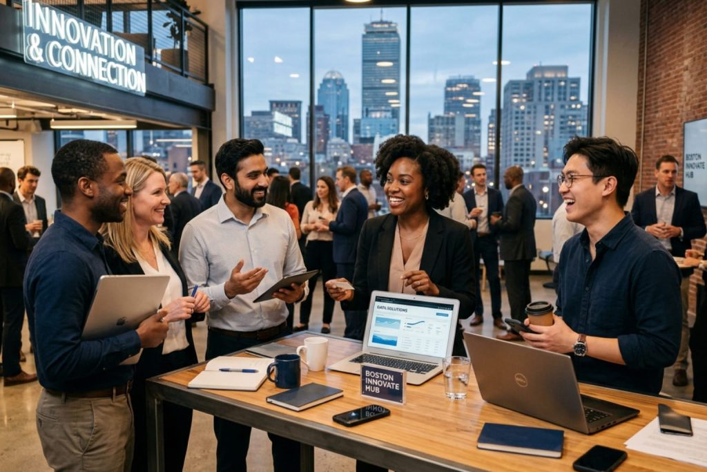 Networking event at Boston Innovate Hub featuring professionals from Alignable Boston networking workshops discussing data insights.