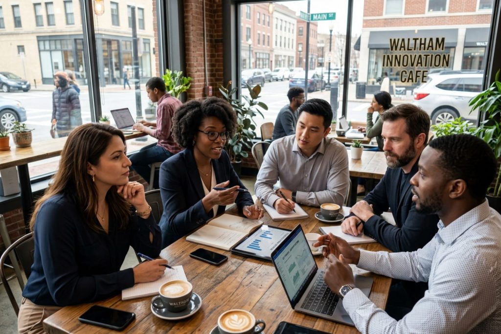 Team meeting in a cafe after attending Alignable Boston networking workshops, with laptops, charts, and notebooks on the table.