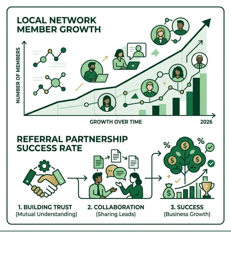 Infographic showing local network growth and referral partnership success steps from Alignable Boston networking workshops.