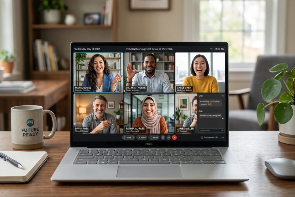 Virtual networking event on a laptop screen with six participants and a chat window for Alignable Boston networking workshops.