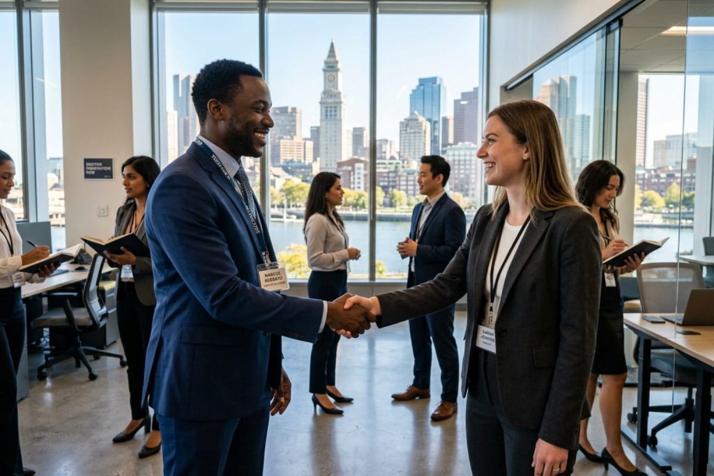 Diverse professionals networking at Alignable Boston networking workshops in a modern office with a handshake as the focal point.