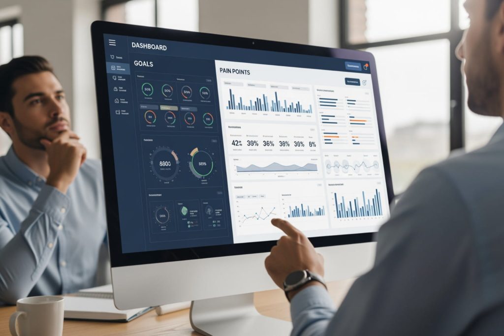 Two men in an office reviewing a digital dashboard on a large monitor. The dashboard is divided into "Goals" and "Pain Points" sections, featuring charts, graphs, and percentages. One man points at the screen while the other observes thoughtfully. The setting is a modern office with natural light, tailored to understanding the B2B buyer persona.
