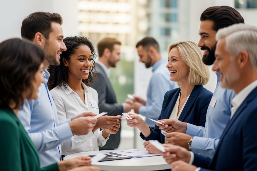 A professional B2B networking events with individuals exchanging business cards around a white table. The setting includes blurred background architecture and participants wearing name tags, smiling and engaged in conversation.