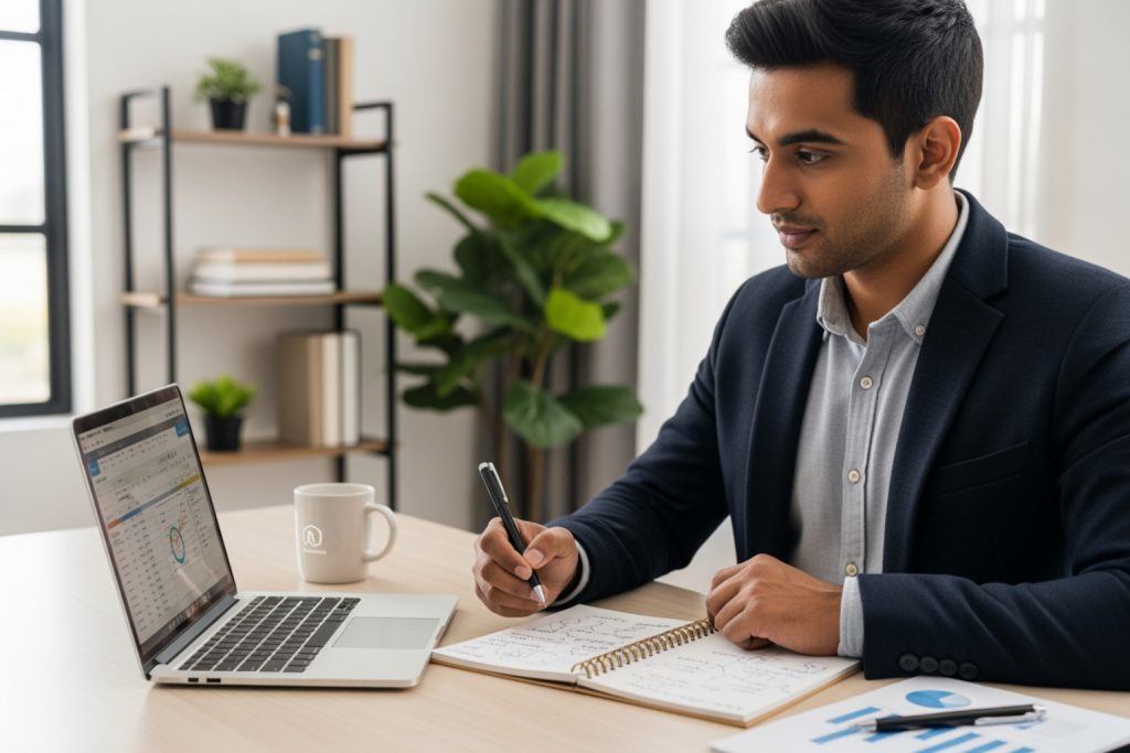 A professional man in a blue blazer working at a desk, perhaps prepping for upcoming B2B networking events with a laptop displaying a spreadsheet, a notebook with notes, and a document with graphs. The background features a bookshelf and a plant.