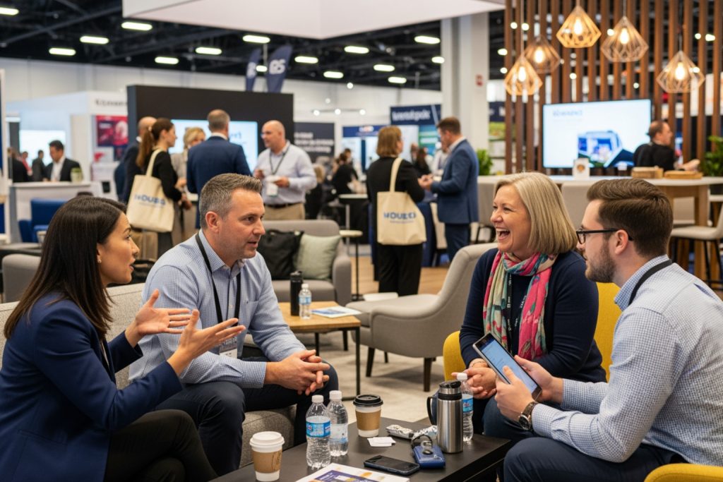 A lively indoor scene from one of our B2B networking events with people seated on lounge furniture, engaged in conversation. The setting includes a coffee table with drinks and devices, booths in the background, and modern lighting.
