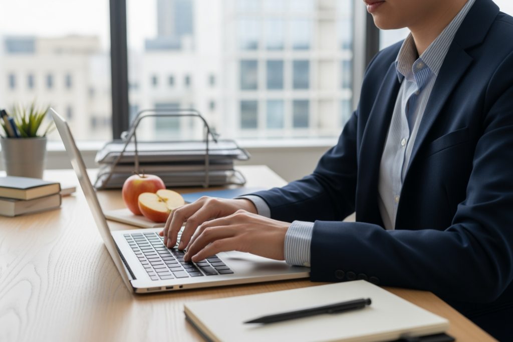 A professional working on a laptop at a desk with a city view, perhaps prepping for upcoming B2B networking events. The desk includes apples, books, a plant, a notebook, and a pen, creating a productive and serene office atmosphere.