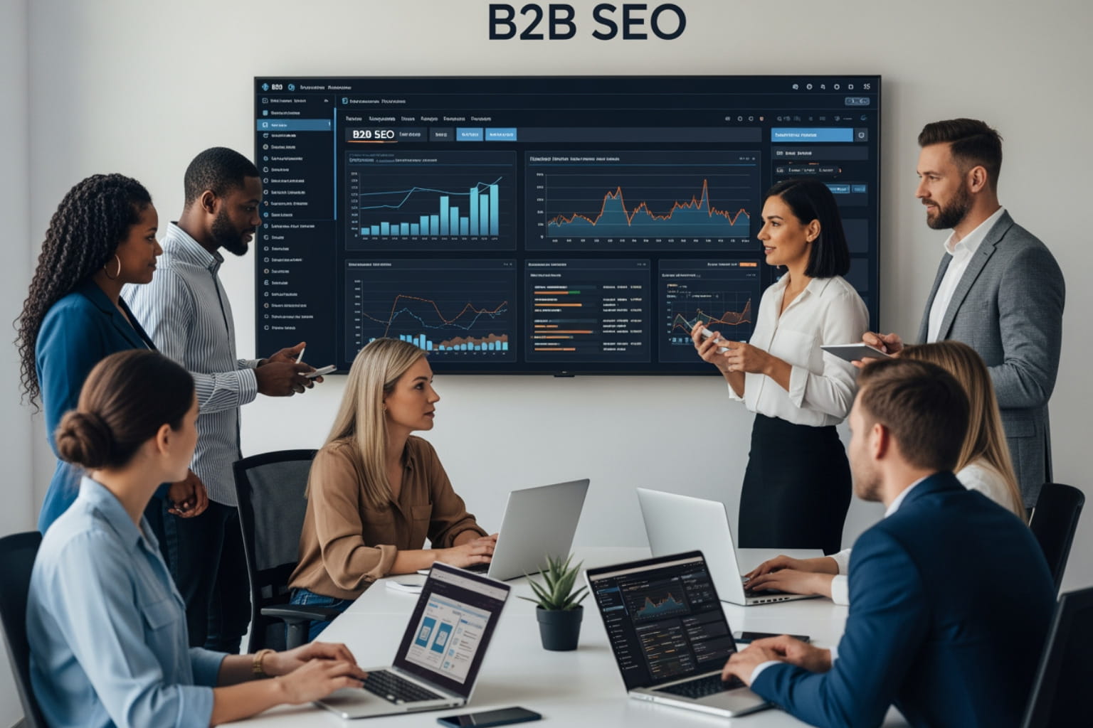 A team in a conference room analyzing data on a large screen labeled B2B SEO.