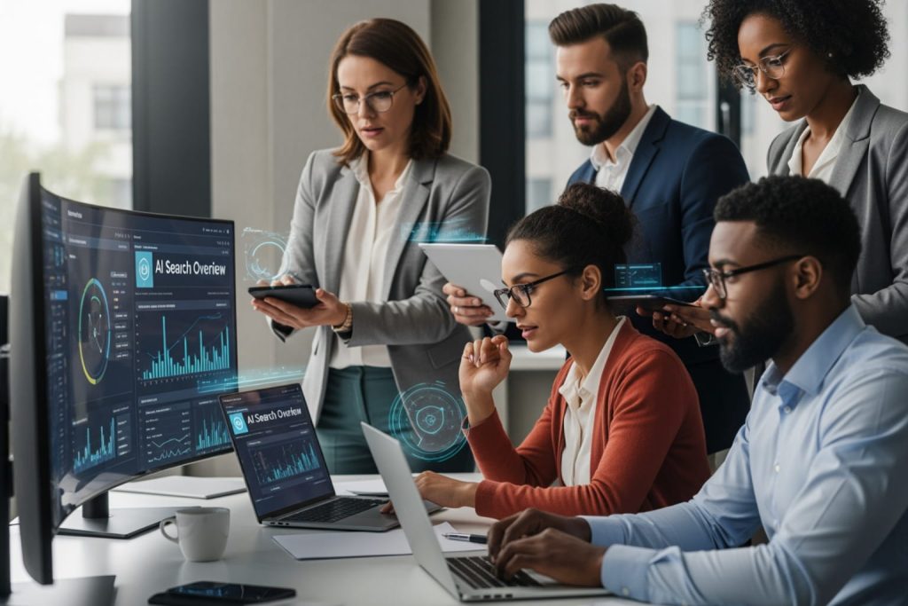 Professionals collaborating in an office with holographic AI search data displays for B2B SEO.