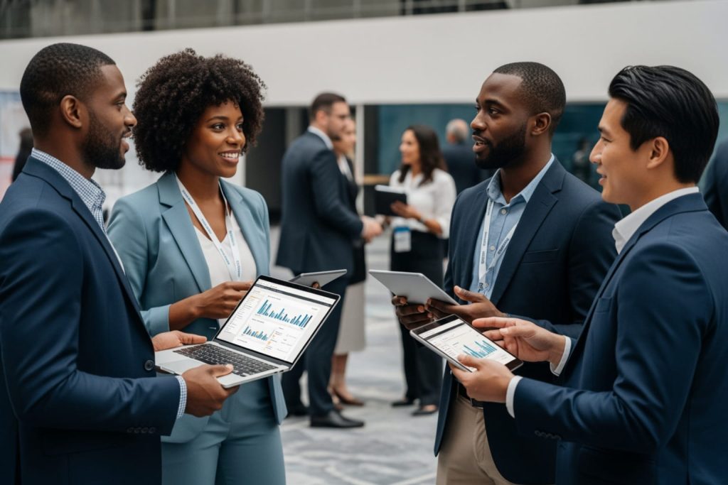 Professionals at a business conference discussing B2B SEO data on laptops and tablets.