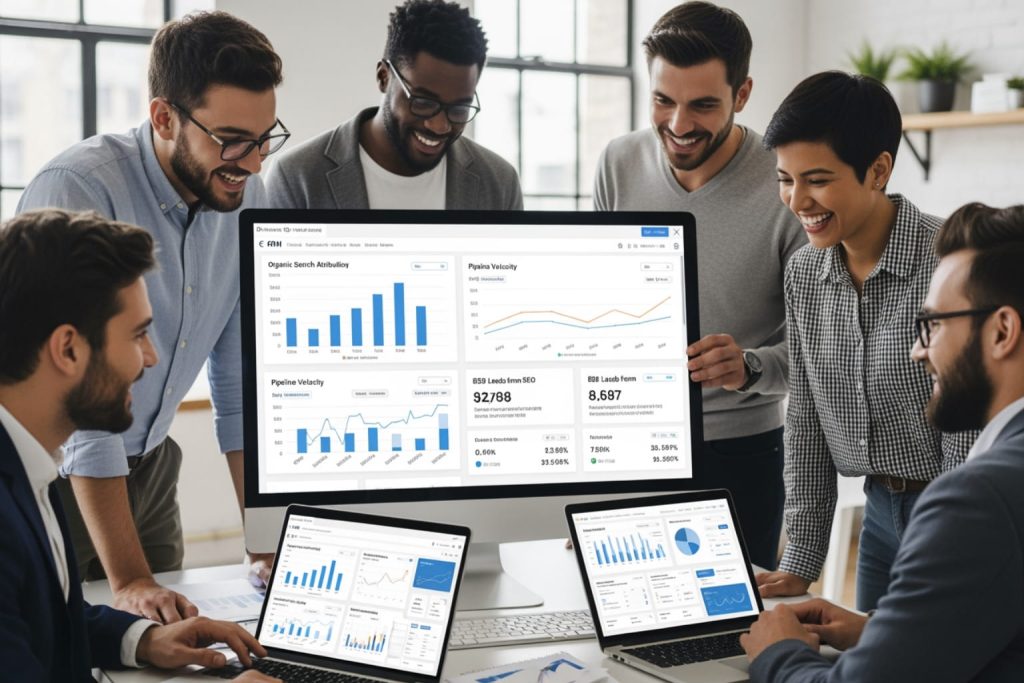A team gathered around a monitor displaying B2B SEO and marketing metrics.