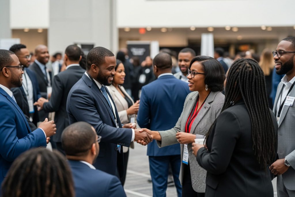 A handshake between two professionals at a corporate networking event discussing B2B SEO.
