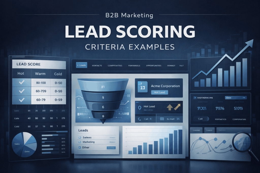 Infographic of B2B lead scoring dashboard with charts and funnel showing B2B lead scoring criteria examples.