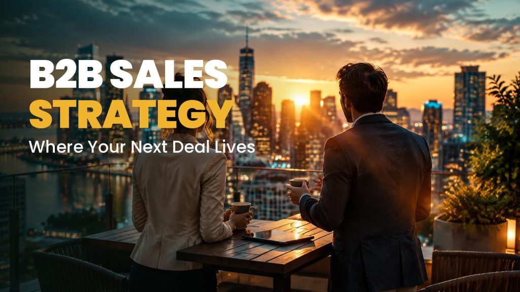 Rooftop business meeting at sunset illustrating a B2B sales strategy focused on high-value deals.