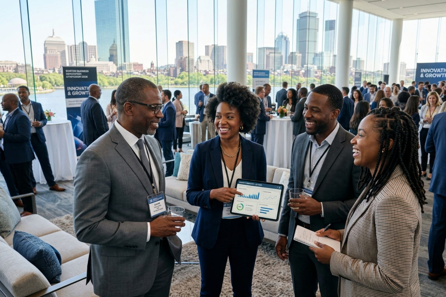 Diverse professionals at one of the top Boston networking events with the city skyline in the background.