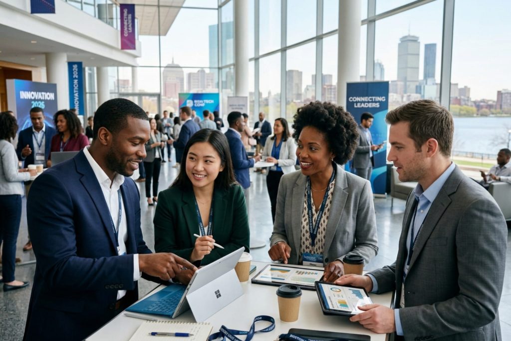 Professionals collaborating at one of the top Boston networking events with data charts and city view.