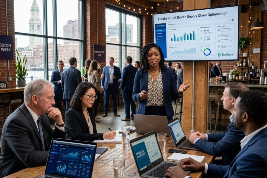 Business presentation at Boston networking events showcasing AI-driven supply chain metrics.