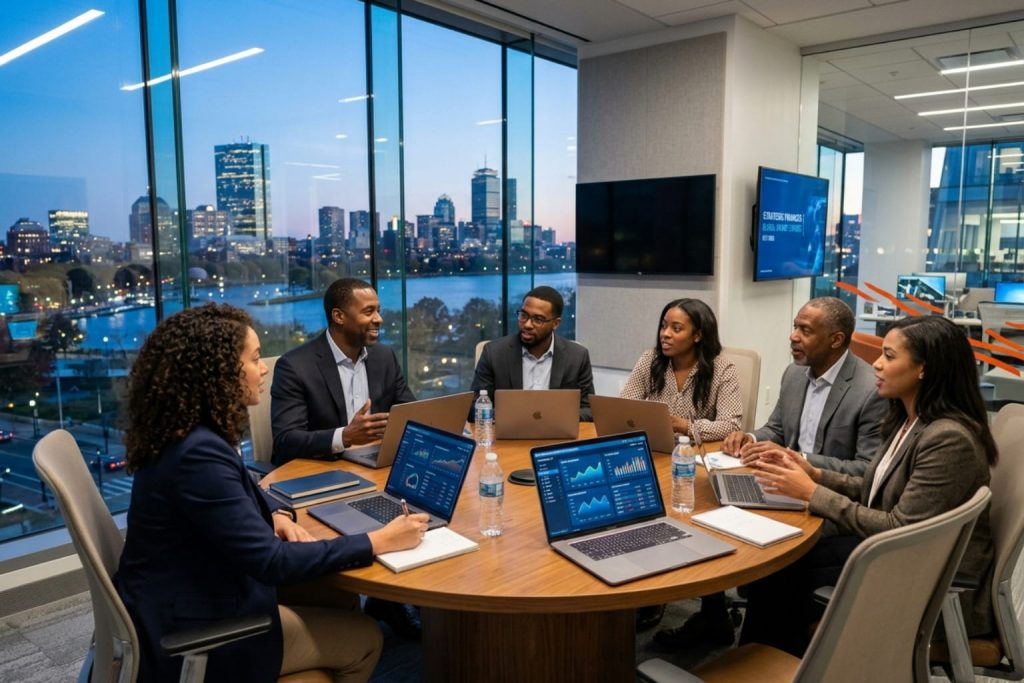 Team meeting at one of the top Boston networking events in a high-rise office with data dashboards and Boston skyline.