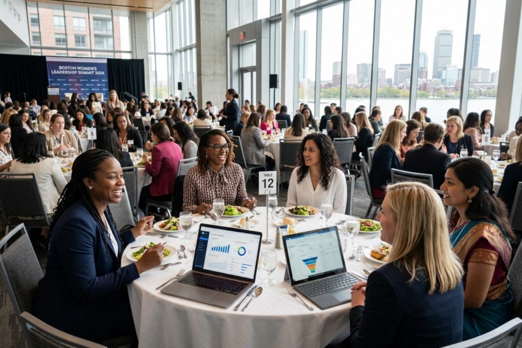 Women networking at the Boston Women’s Leadership Summit, one of the premier Boston networking events, with laptops and data charts.