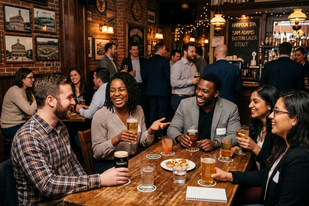 Professionals socializing at a Boston networking events in a pub with historic decor and branded beer signs.