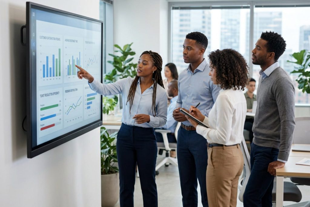 customer experience strategy dashboard presentation in a collaborative office.