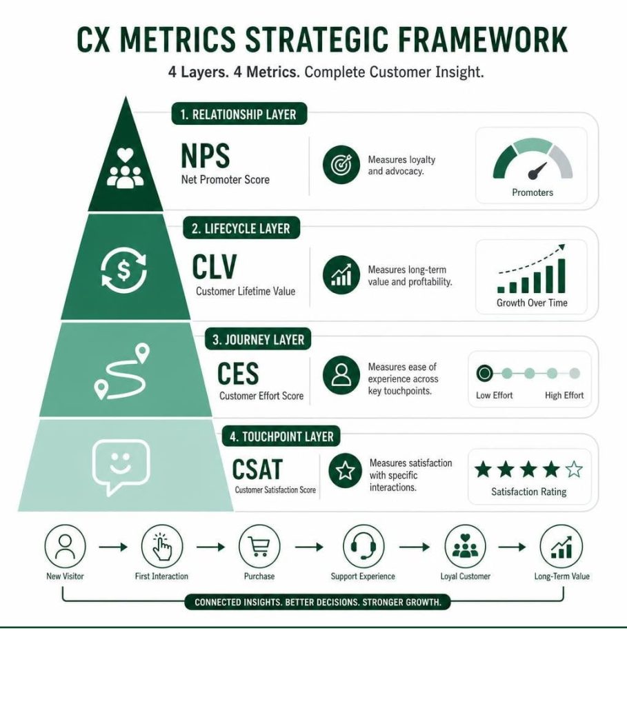 customer experience strategy framework linking NPS CLV CES and CSAT.