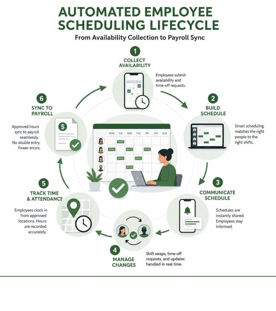 Infographic showing the 6-step automated employee scheduling software lifecycle from availability to payroll sync.