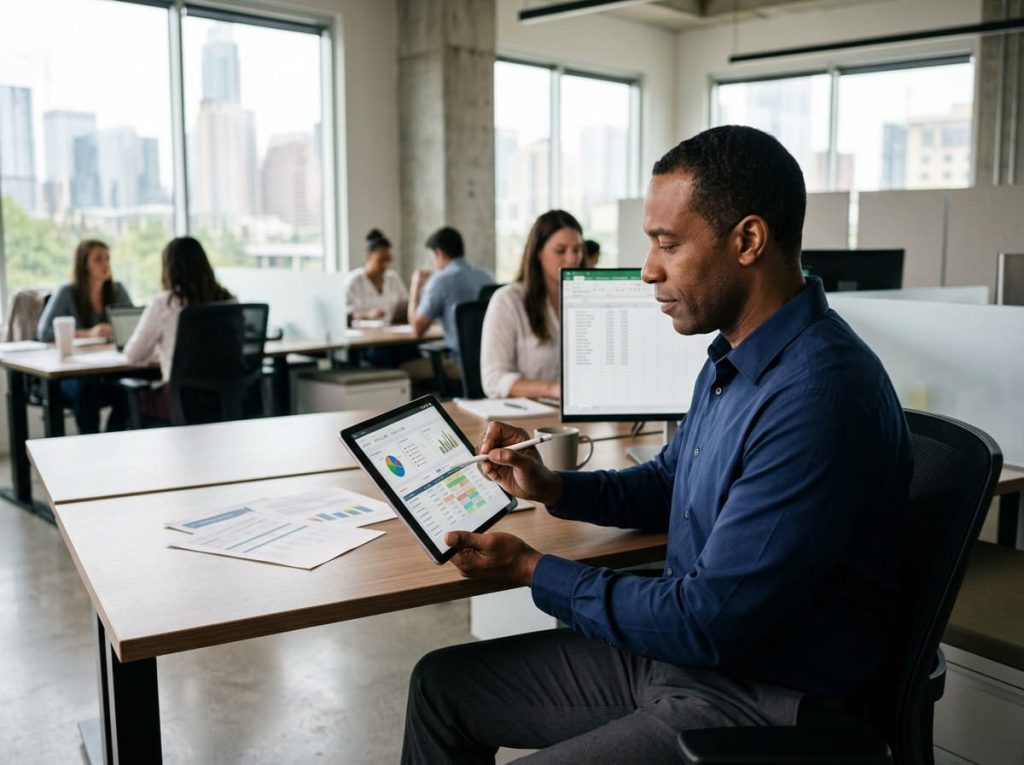 Professional reviewing employee scheduling software dashboard data on a tablet in an open-plan office.