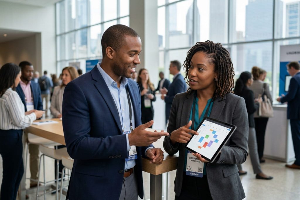 Exhibitor and attendee reviewing color-coded employee scheduling software on a tablet at a business conference.