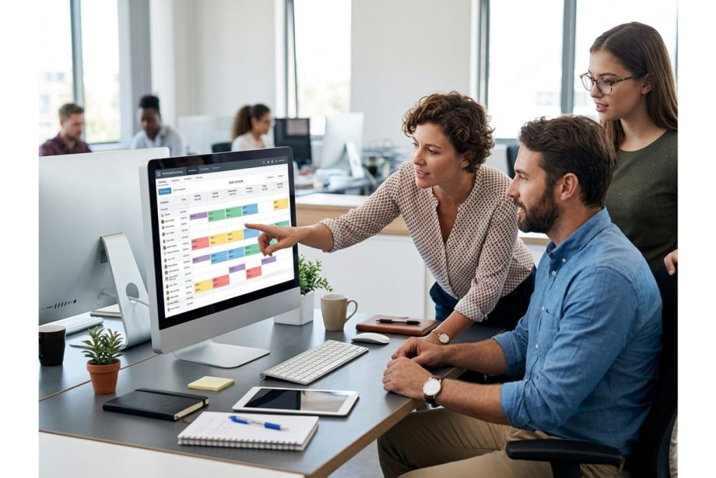 Team collaborating around a monitor showing employee scheduling software in a modern office.