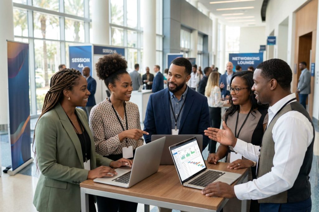 Diverse professionals reviewing employee scheduling software dashboards on laptops at a conference.