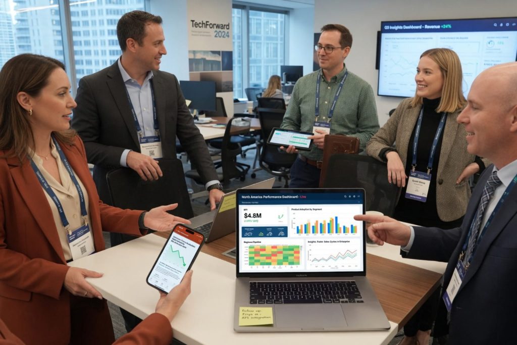 Professionals collaborating on franchise opportunities in a modern office with data dashboards on screens.