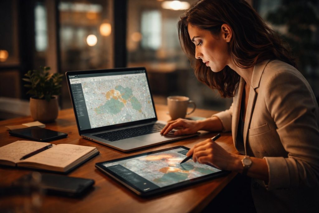 A woman working at a desk with a laptop and tablet, both displaying maps with highlighted zones for a geofencing marketing campaign. She uses a stylus on the tablet, surrounded by items like a notebook, plant, and coffee mug, in a warmly lit office setting.