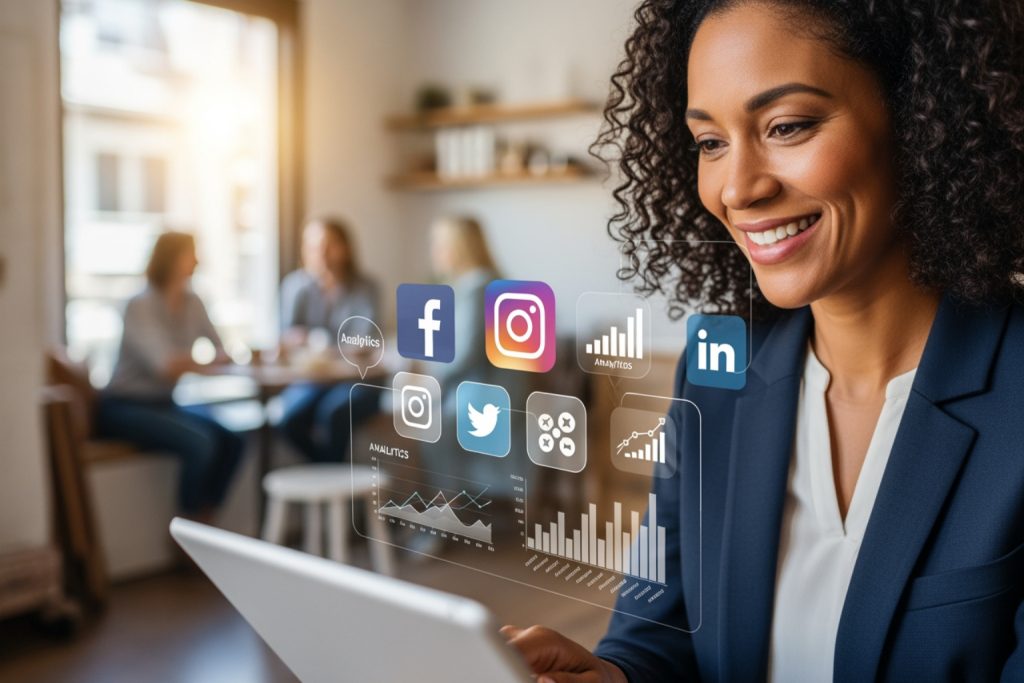 A smiling woman with dark curly hair holds a tablet in a modern indoor setting. Holographic social media icons (Facebook, Instagram, LinkedIn, Twitter) and analytics charts are overlaid, suggesting how to use social media for small business performance tracking. The blurred background includes other people and a bright window.