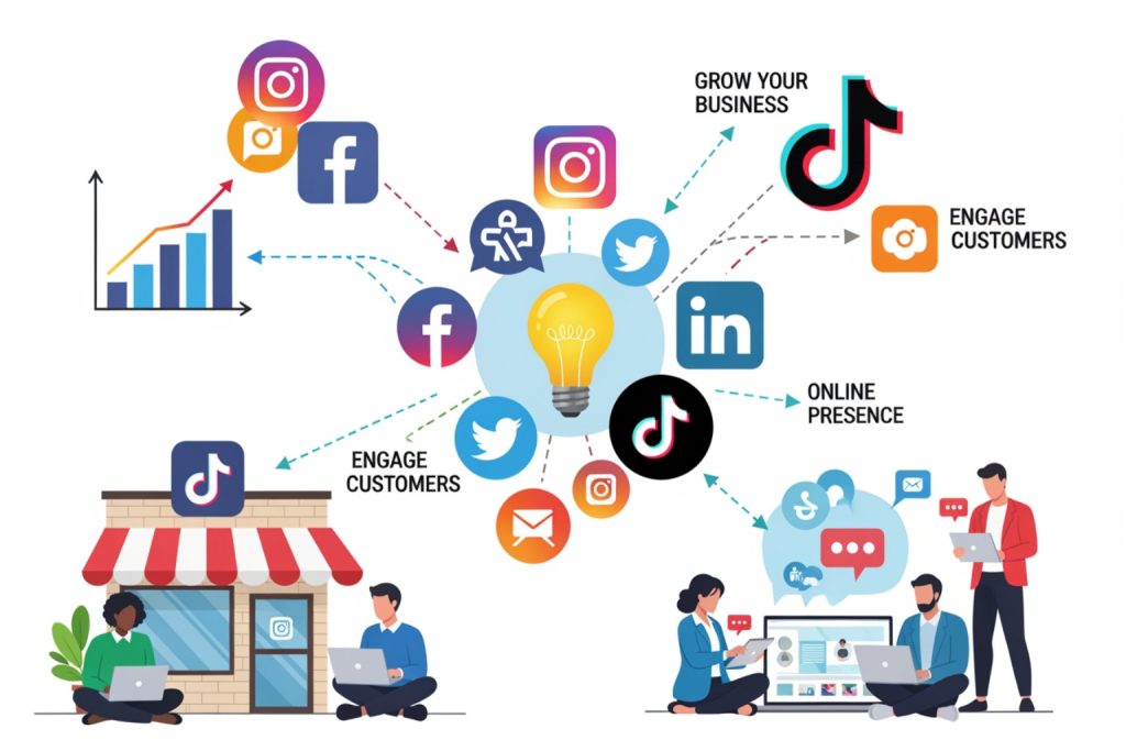 A colorful infographic showing a yellow lightbulb symbolizing social media strategy, surrounded by logos (Instagram, Facebook, TikTok, LinkedIn, Twitter, Email). It illustrates how to use social media for small business with highlights like 'GROW YOUR BUSINESS,' 'ENGAGE CUSTOMERS,' and 'ONLINE PRESENCE,' connecting platforms to business goals.