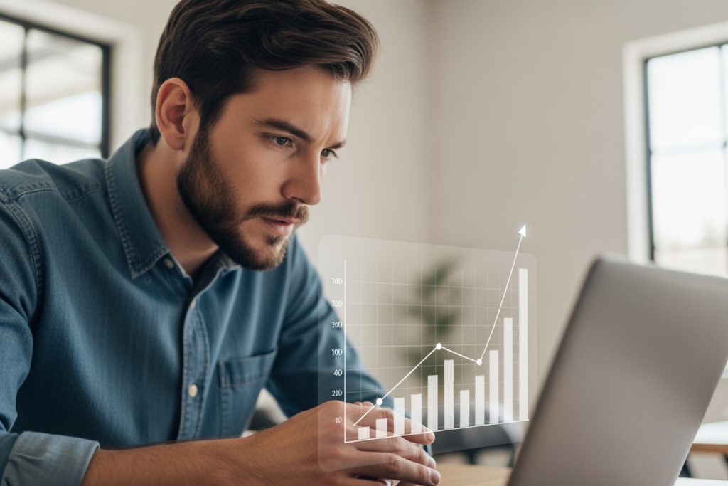 A young man in a home office, focused on a laptop displaying a translucent overlay of a bar and line graph showing an upward trend. The graph features irregular numerical values on the y-axis and increasing bars with a line chart. The setting includes natural light and modern decor, suggesting a ppc marketing services or financial analysis theme.