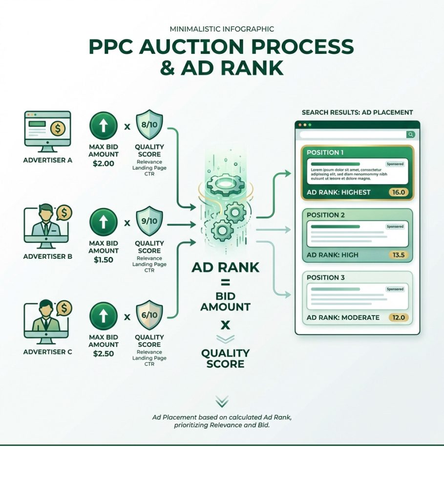 A minimalist infographic explaining the PPC auction process and Ad Rank calculation, which is a key component of ppc marketing services. It features three advertisers with bid amounts and quality scores, a central formula ("Ad Rank = Bid Amount x Quality Score"), and a search results section showing ad placements based on Ad Rank. The design uses green and grey tones with icons and arrows to illustrate the process.