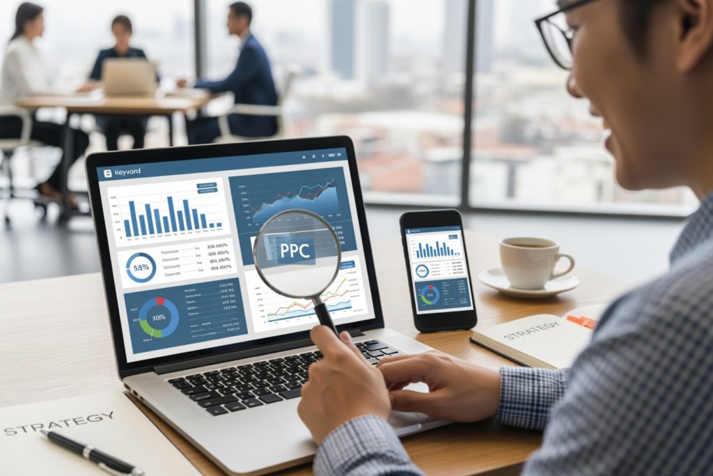 A business professional in a modern office, analyzing data on a laptop screen for ppc marketing services. The screen displays various charts, including bar, line, and pie graphs, with "PPC" highlighted under a magnifying glass. A smartphone on the desk also shows similar charts. Nearby are a coffee cup, a notebook labeled "STRATEGY," and a pen. The background includes a city skyline and blurred colleagues at a round table.