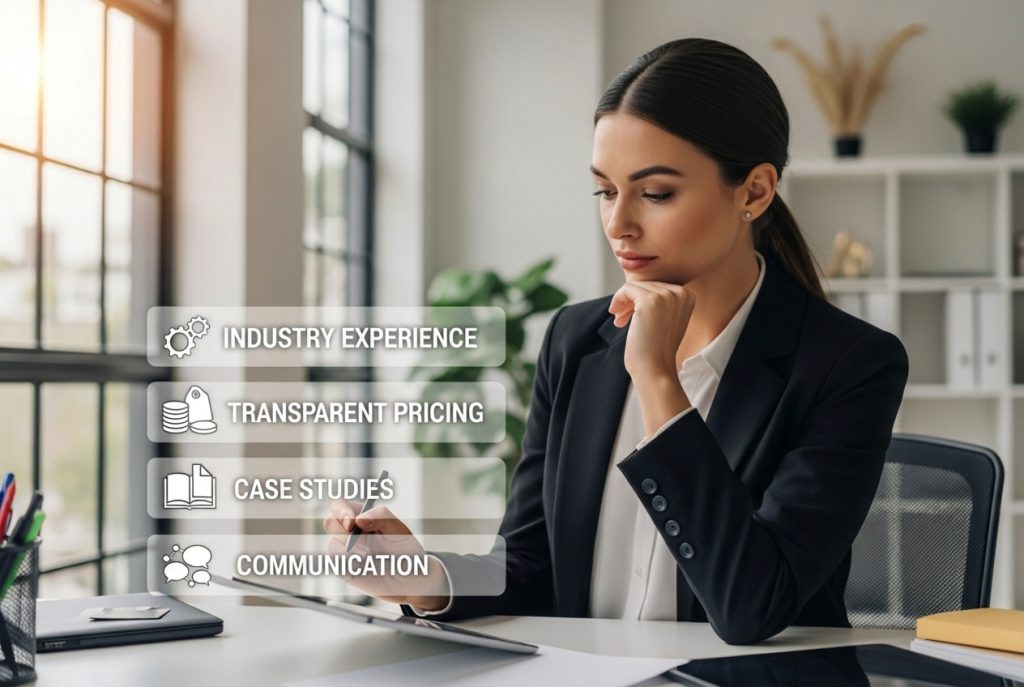 A professional woman in a modern office setting, holding a tablet and resting her chin on her hand thoughtfully. Overlaid on the left side are four semi-transparent boxes with icons and text: "Industry Experience" (gears icon), "Transparent Pricing" (coins and price tag icon), "Case Studies" (open book icon), and "Communication" (speech bubbles icon). The background features a bright window and office decor, promoting ppc marketing services.